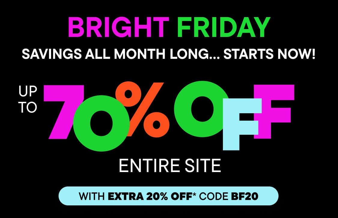 Bright Friday savings all month long, with 70% off and an extra 20% off with code BF20, displayed in vibrant neon colors against a dark background.