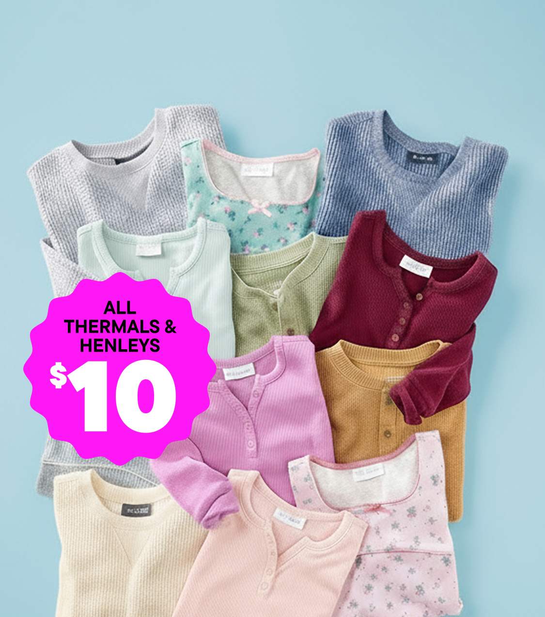 A collection of various colored and patterned thermal shirts and sweaters is displayed on a light blue background, with a price tag indicating a sale price of $10 for the items.