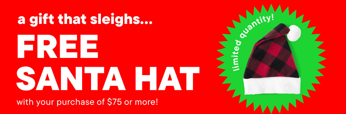 The image depicts a green background with the text "SANTA HAT" prominently displayed in white letters, surrounded by a white border and a green star-shaped design.