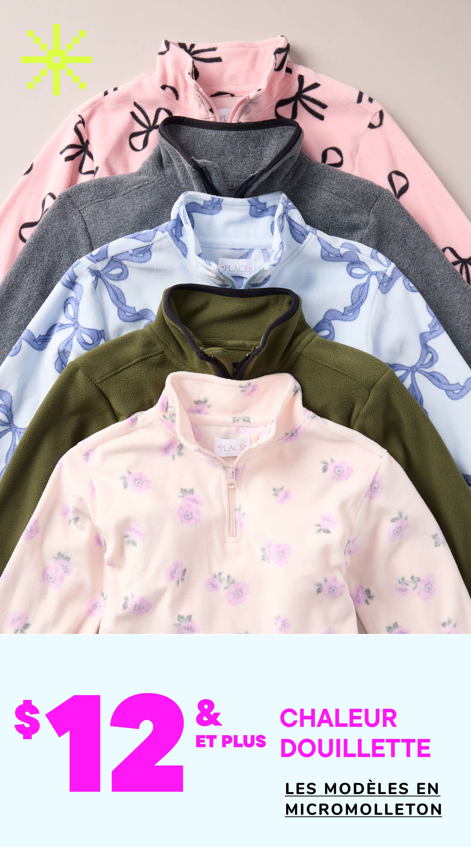 Une collection de vêtements chauds et confortables en micropolaire, comprenant des sweats à capuche et des pulls, dans diverses couleurs pastel et motifs floraux, présentés sur un fond uni.
