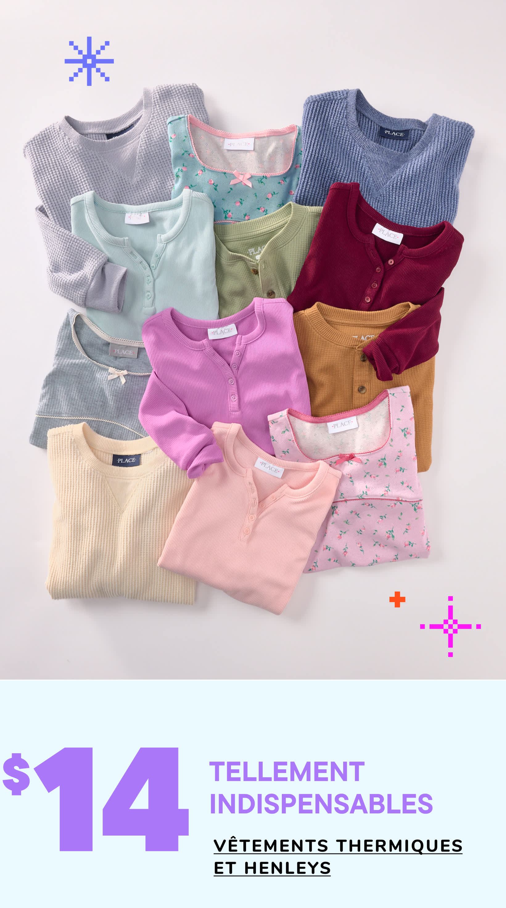 Une collection de vêtements variés, colorés et à motifs, comprenant des pulls, des chemises et autres vêtements, disposés sur un fond uni.