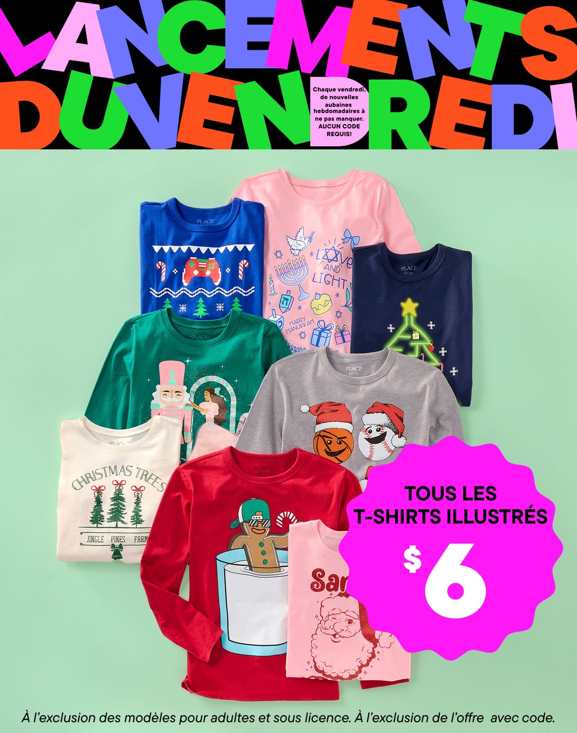 The image displays a collection of colorful graphic t-shirts featuring various holiday and seasonal designs, set against a vibrant green and pink background.