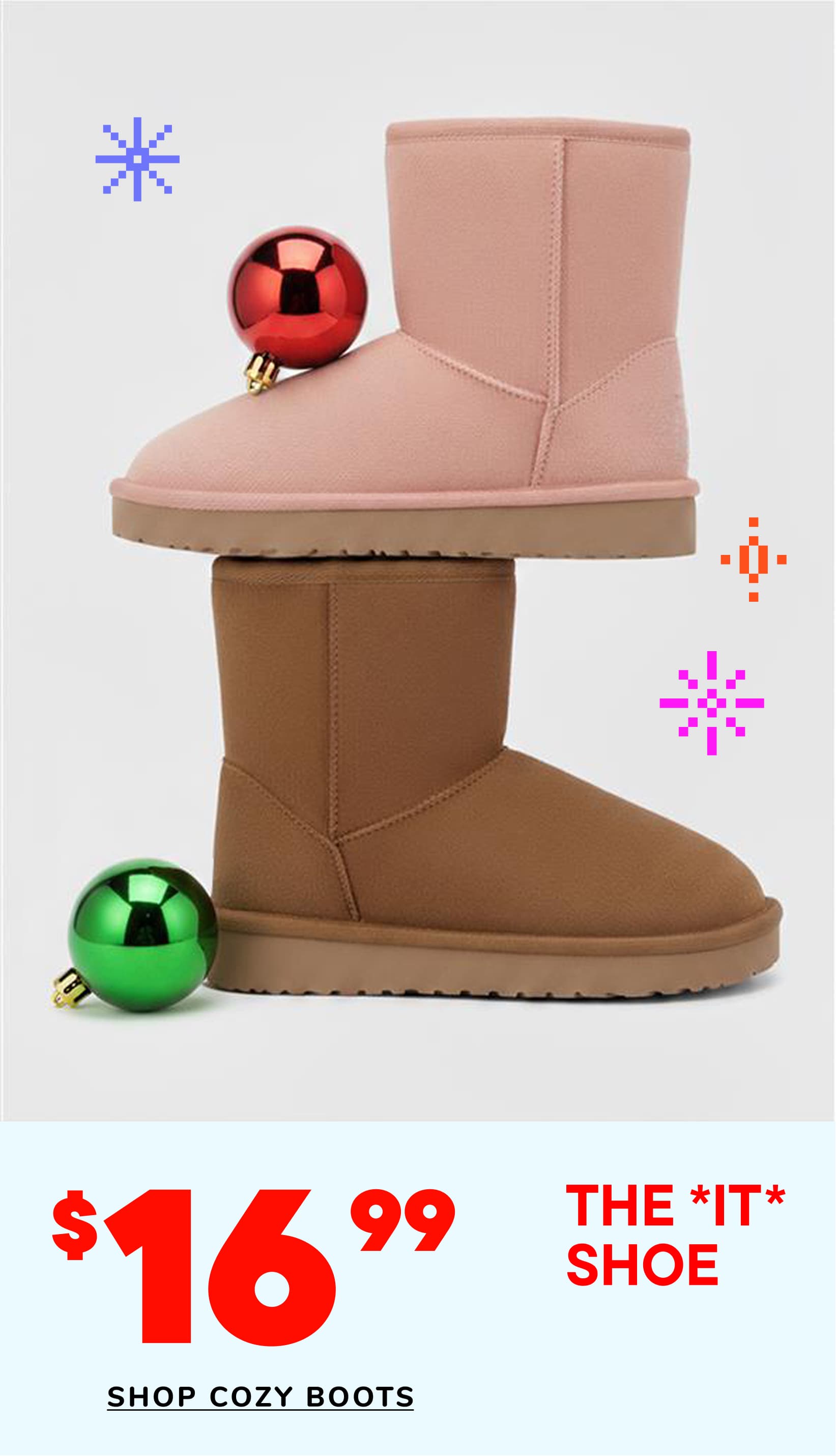 The image displays a pair of pink and brown cozy boots with colorful ornaments on the sides, set against a plain white background with decorative snowflake-like shapes.