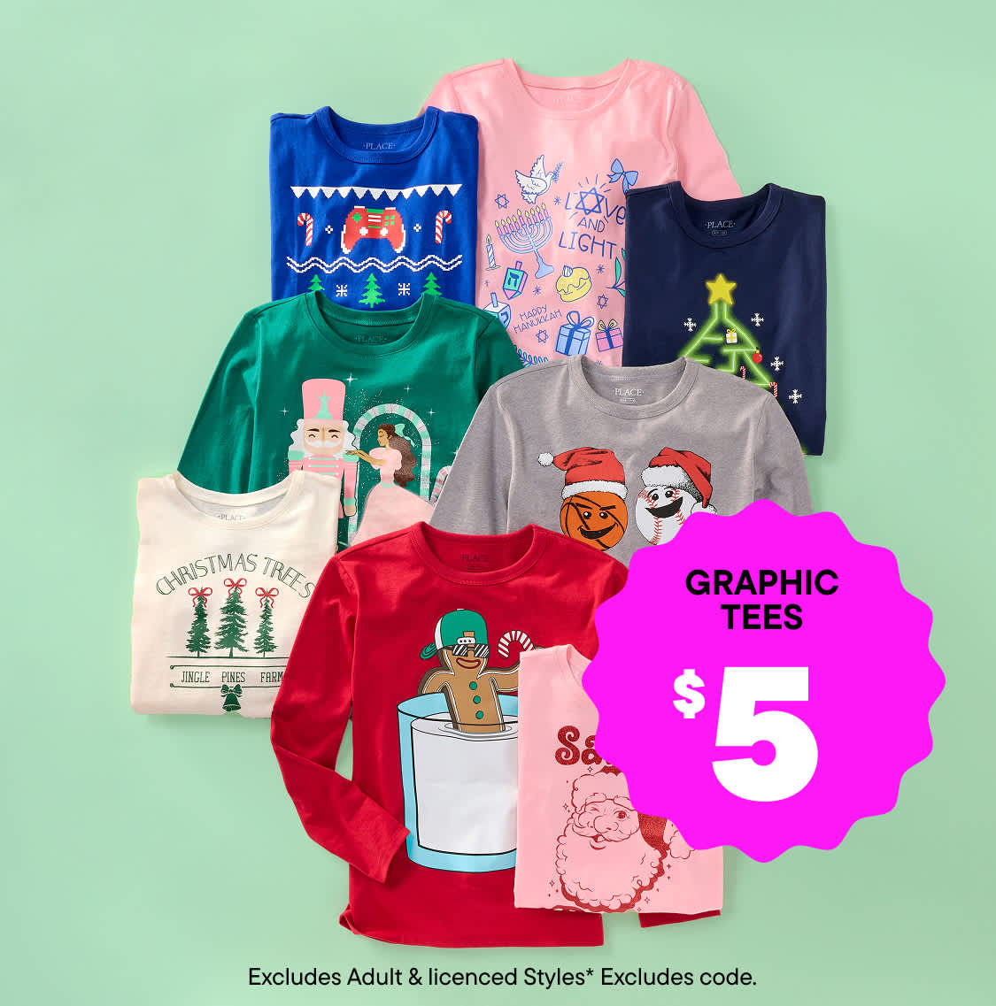 A collection of colorful and festive graphic t-shirts featuring various holiday-themed designs, displayed against a pastel green background.