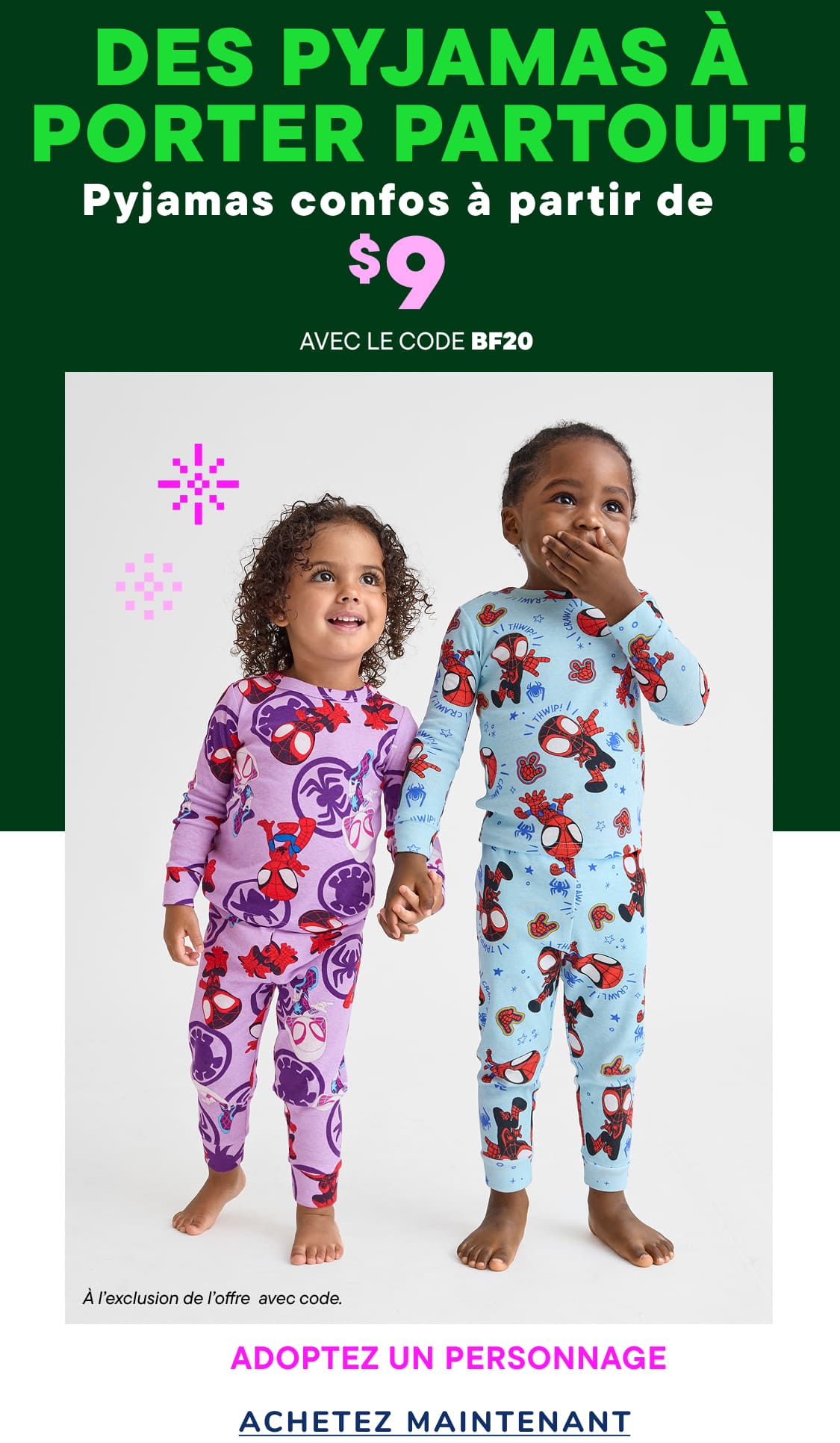 The image features two young children, a boy and a girl, wearing colorful and patterned pajamas. They are standing in front of a green background with text promoting "PJs for Everywhere!" and a discount code.