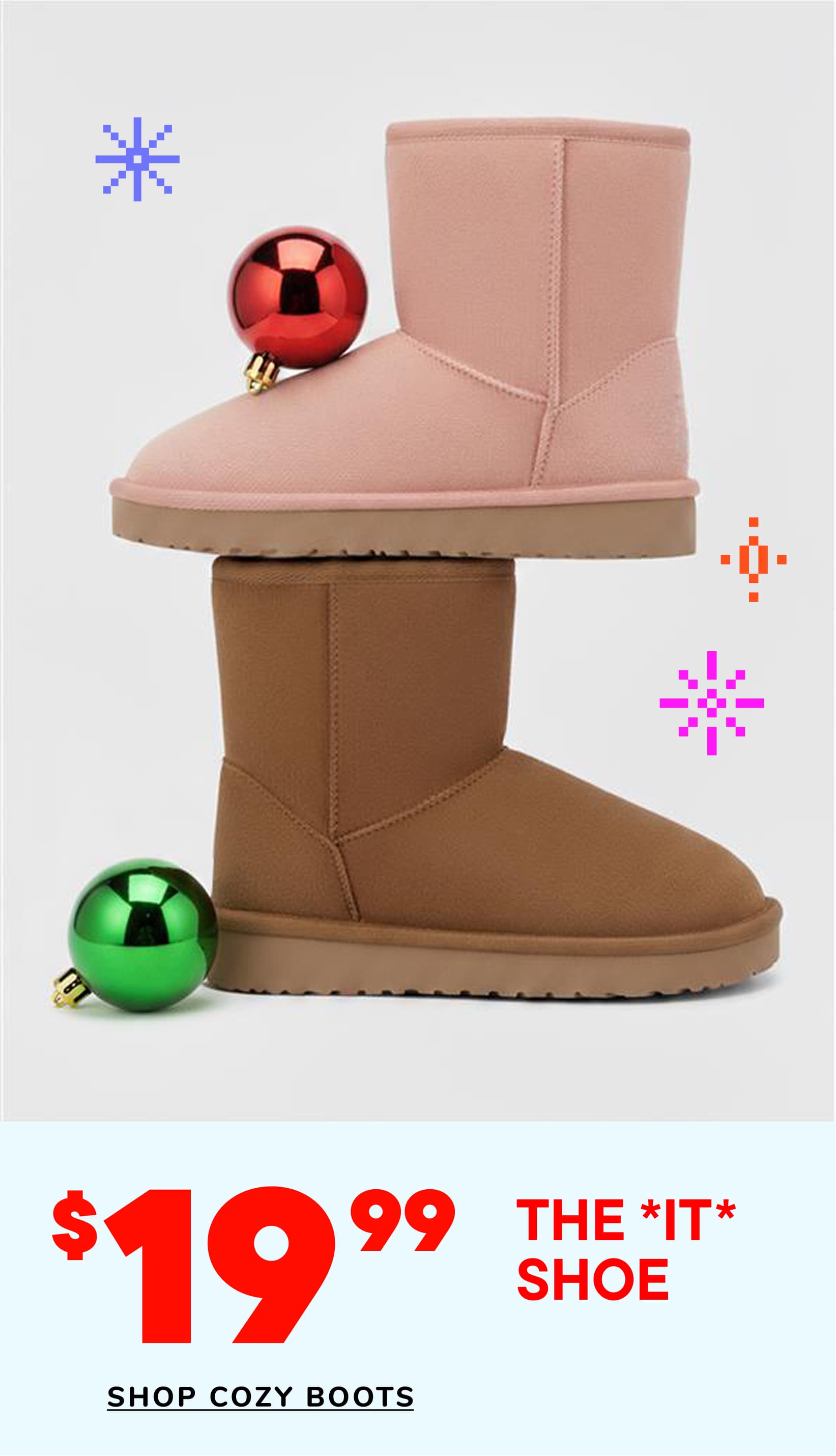 The image features a pair of pink and brown cozy boots with colorful ornaments, displayed on a plain background with geometric shapes.
