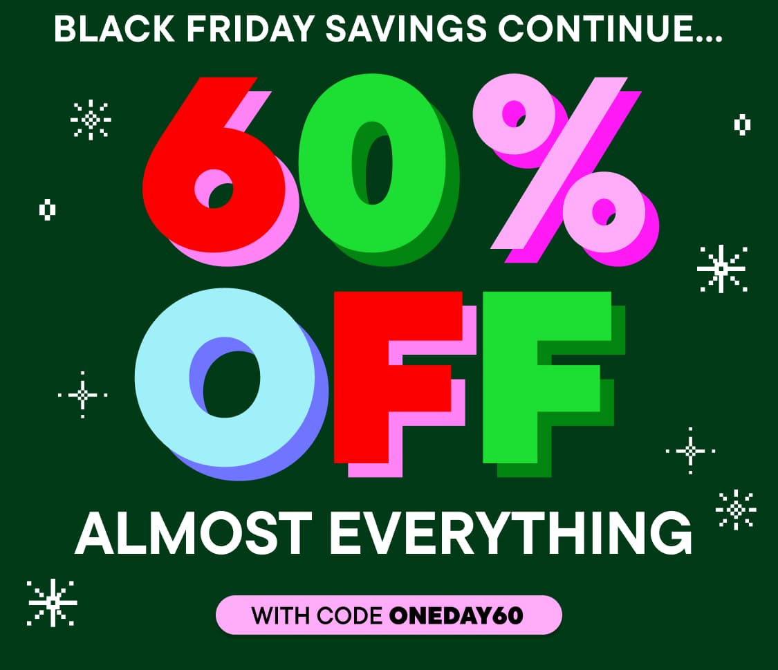 The image displays a Black Friday sale promotion, with large colorful text announcing a 60% discount on the entire site, accompanied by a promotional code "ONEDAY60".