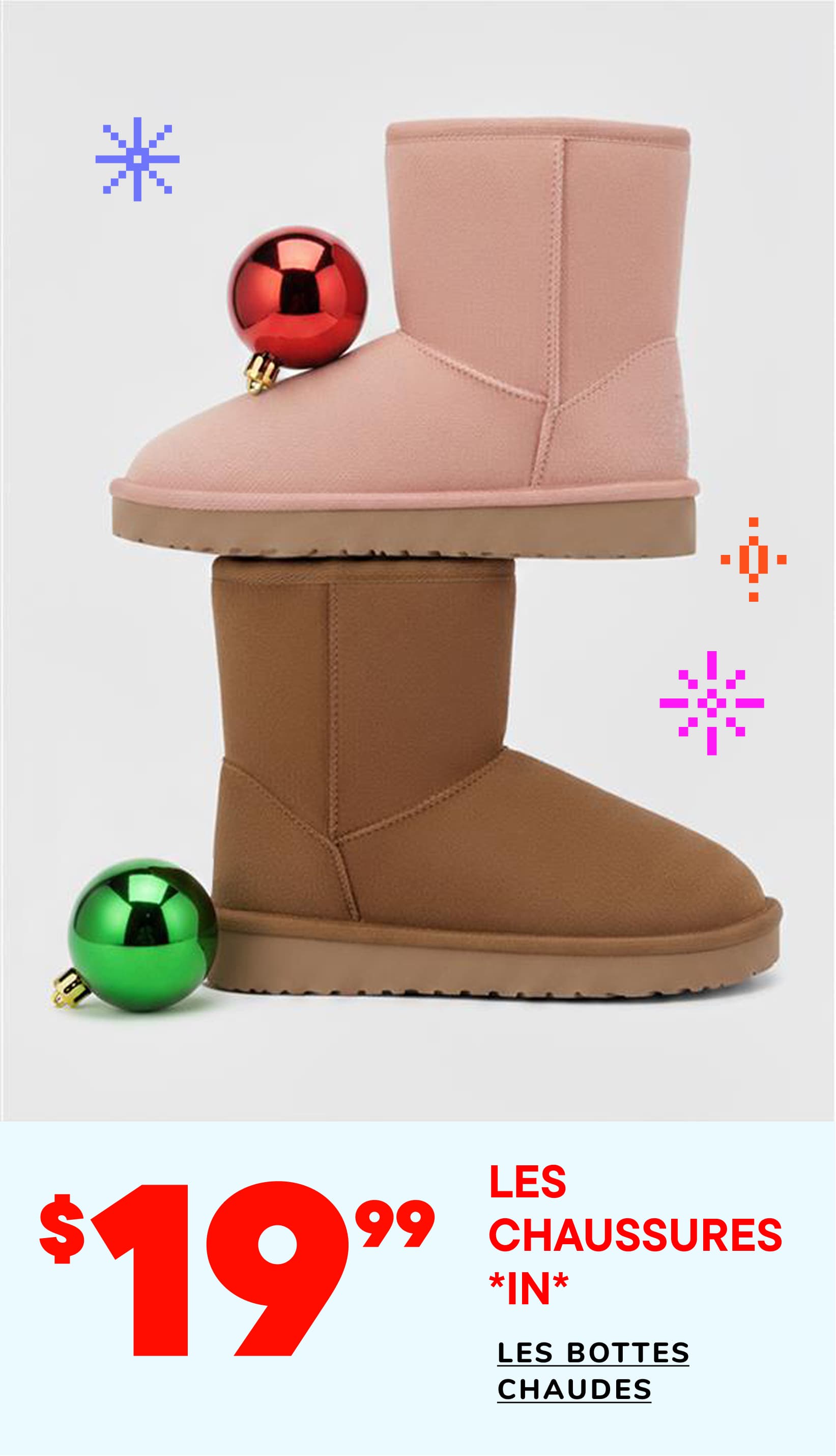 L'image présente une paire de bottes confortables roses et marron ornées de motifs colorés, sur un fond uni à formes géométriques.