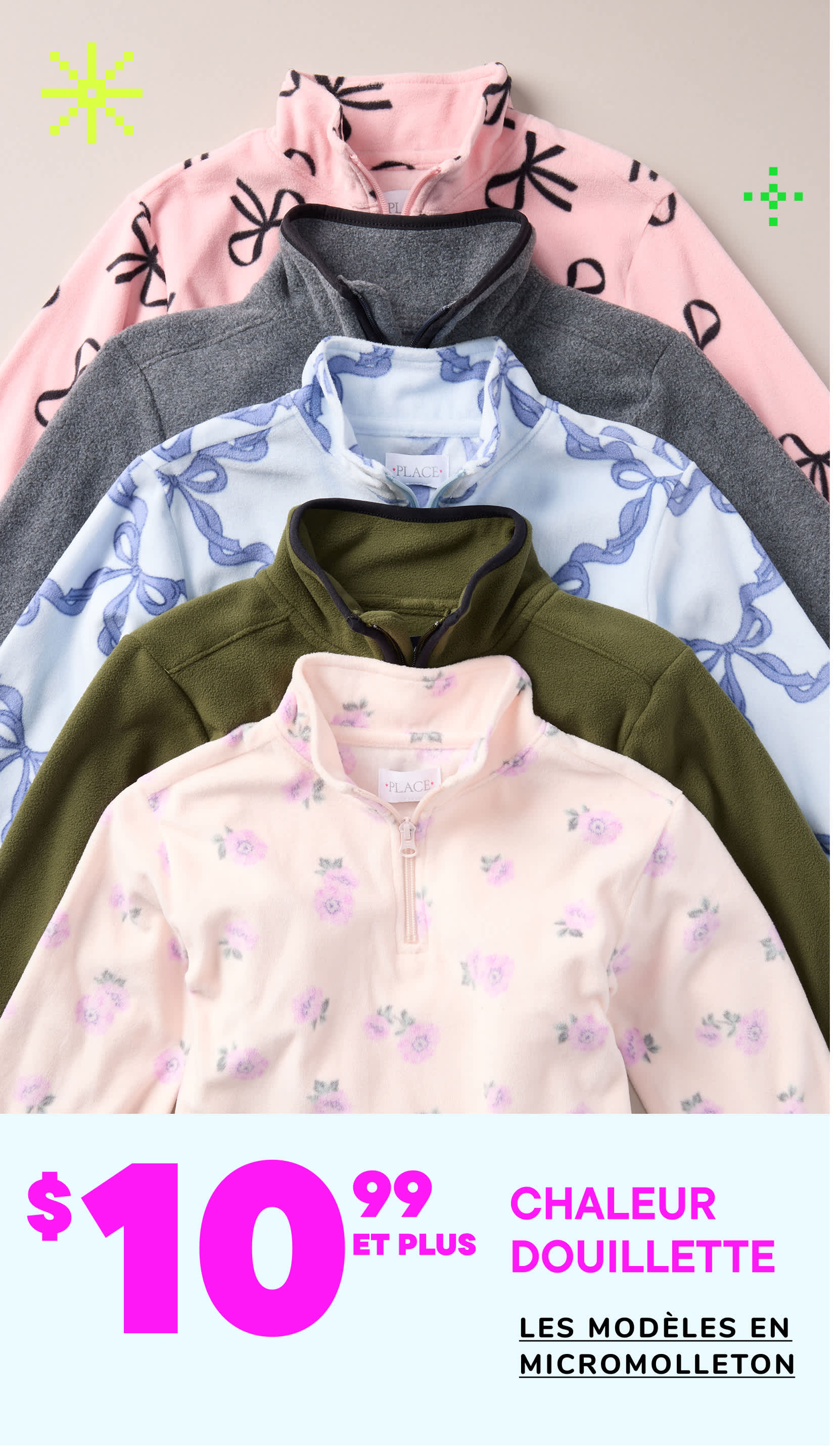 Une collection de vêtements chauds et confortables en micropolaire, comprenant des sweats à capuche et des pulls, dans diverses couleurs pastel et motifs floraux, présentés sur un fond uni.