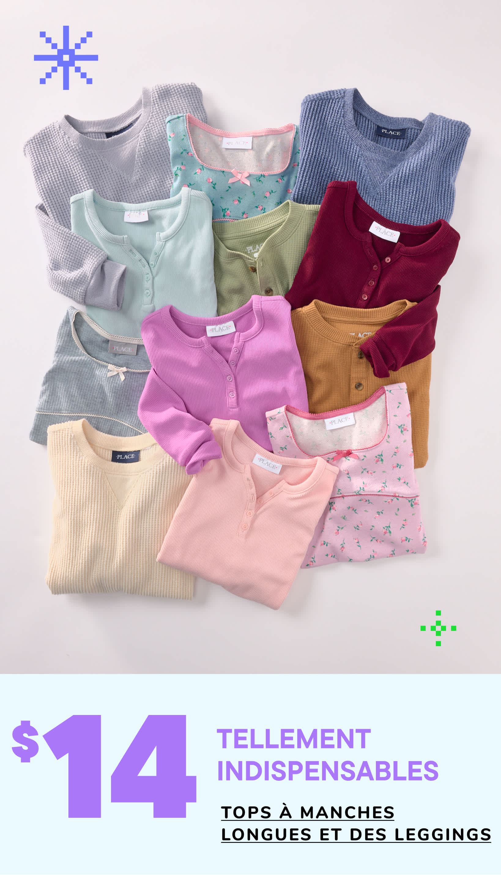 Une collection de vêtements variés, colorés et à motifs, comprenant des pulls, des chemises et autres vêtements, disposés sur un fond uni.