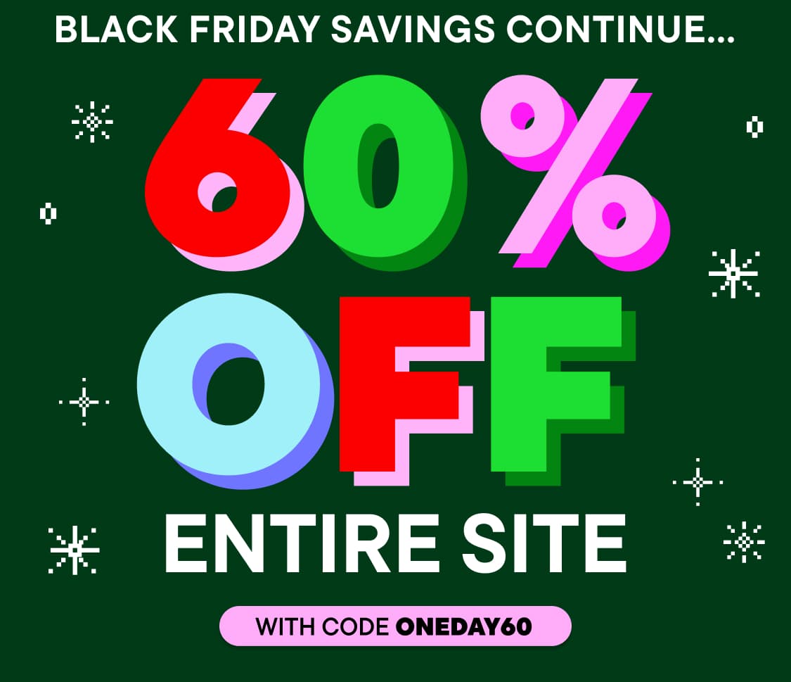 The image displays a Black Friday sale promotion, with large colorful text announcing a 60% discount on the entire site, accompanied by a promotional code "ONEDAY60".