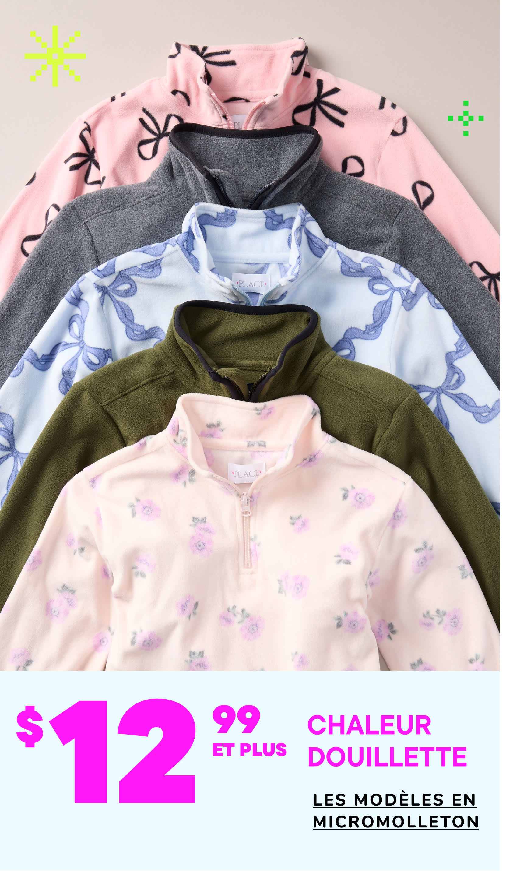 Une collection de vêtements chauds et confortables en micropolaire, comprenant des sweats à capuche et des pulls, dans diverses couleurs pastel et motifs floraux, présentés sur un fond uni.
