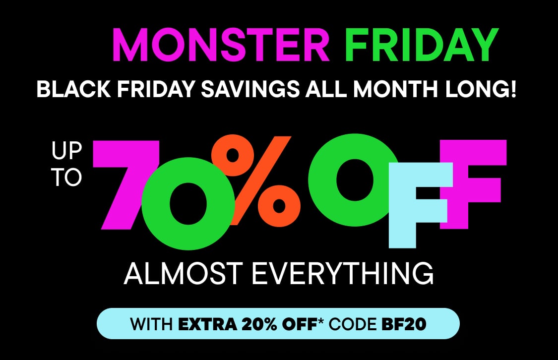 The image features a vibrant and colorful "Monster Friday" promotional banner, showcasing a large "up to 70% OFF" text along with an "ALMOST Everything" message, and an additional 20% off code "BF20" displayed at the bottom.