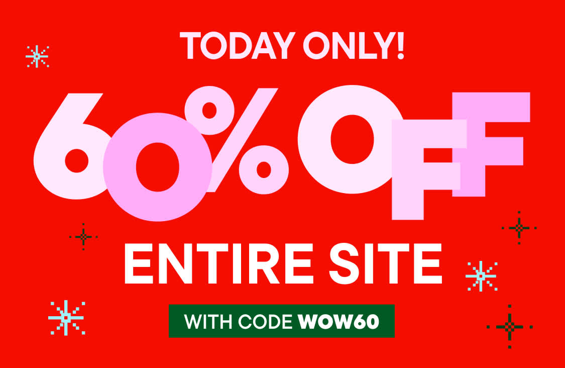 The image displays a bright red background with large white text that reads "TODAY ONLY! 60% OFF ENTIRE SITE" along with a smaller green text that says "WITH CODE WOW60".