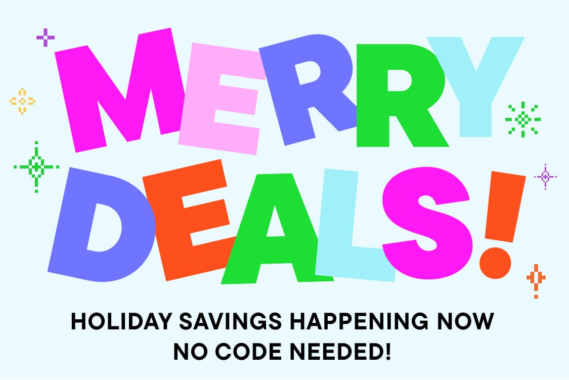 Colorful text "CARRY DEAL" with the text "SAVINGS HAPPENING NOW - NO CODE" below it against a light blue background.