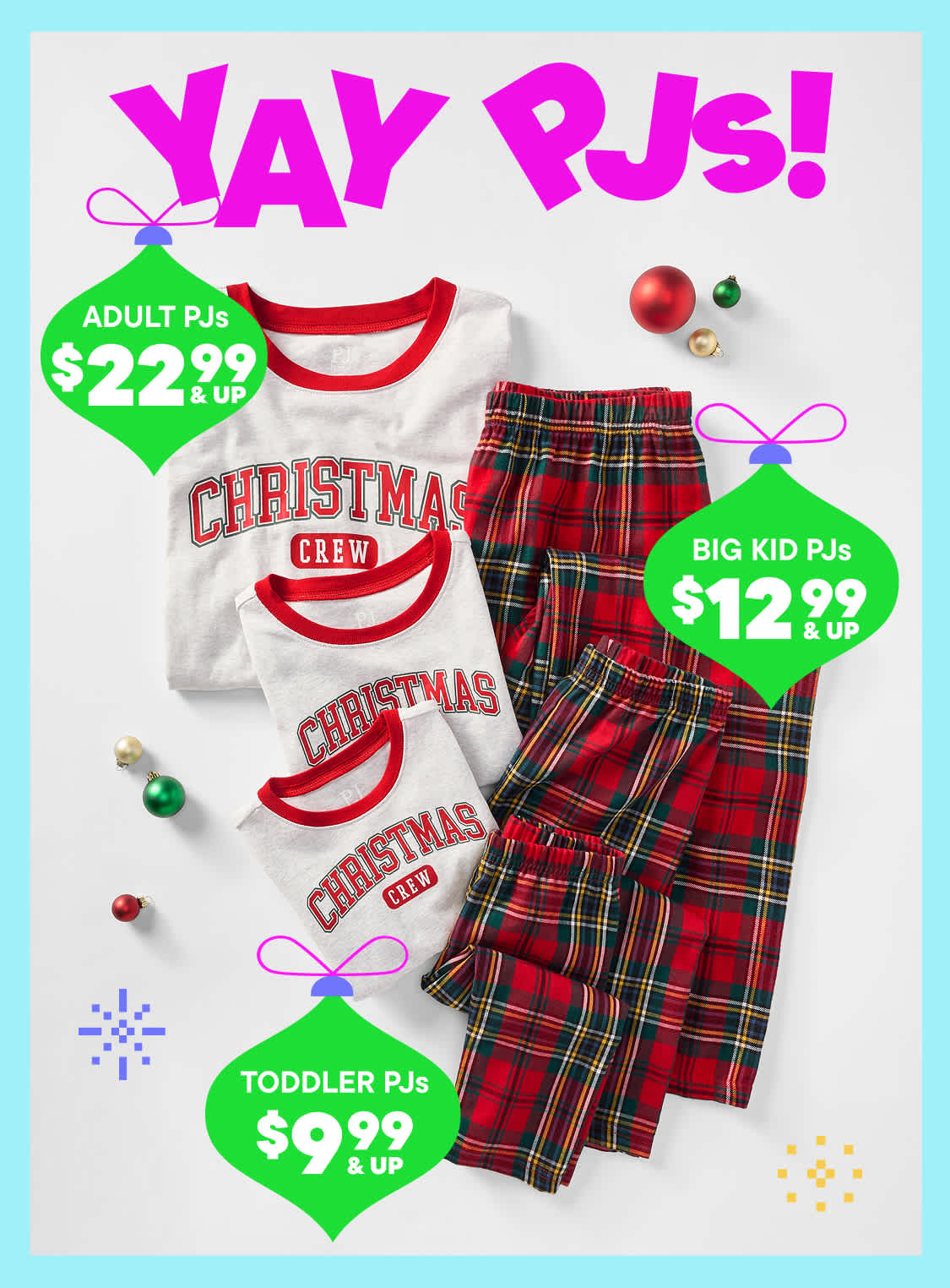 The image displays a variety of Christmas-themed pajama sets, including adult and big kid sizes, along with a "Yay PJs!" title and pricing information.