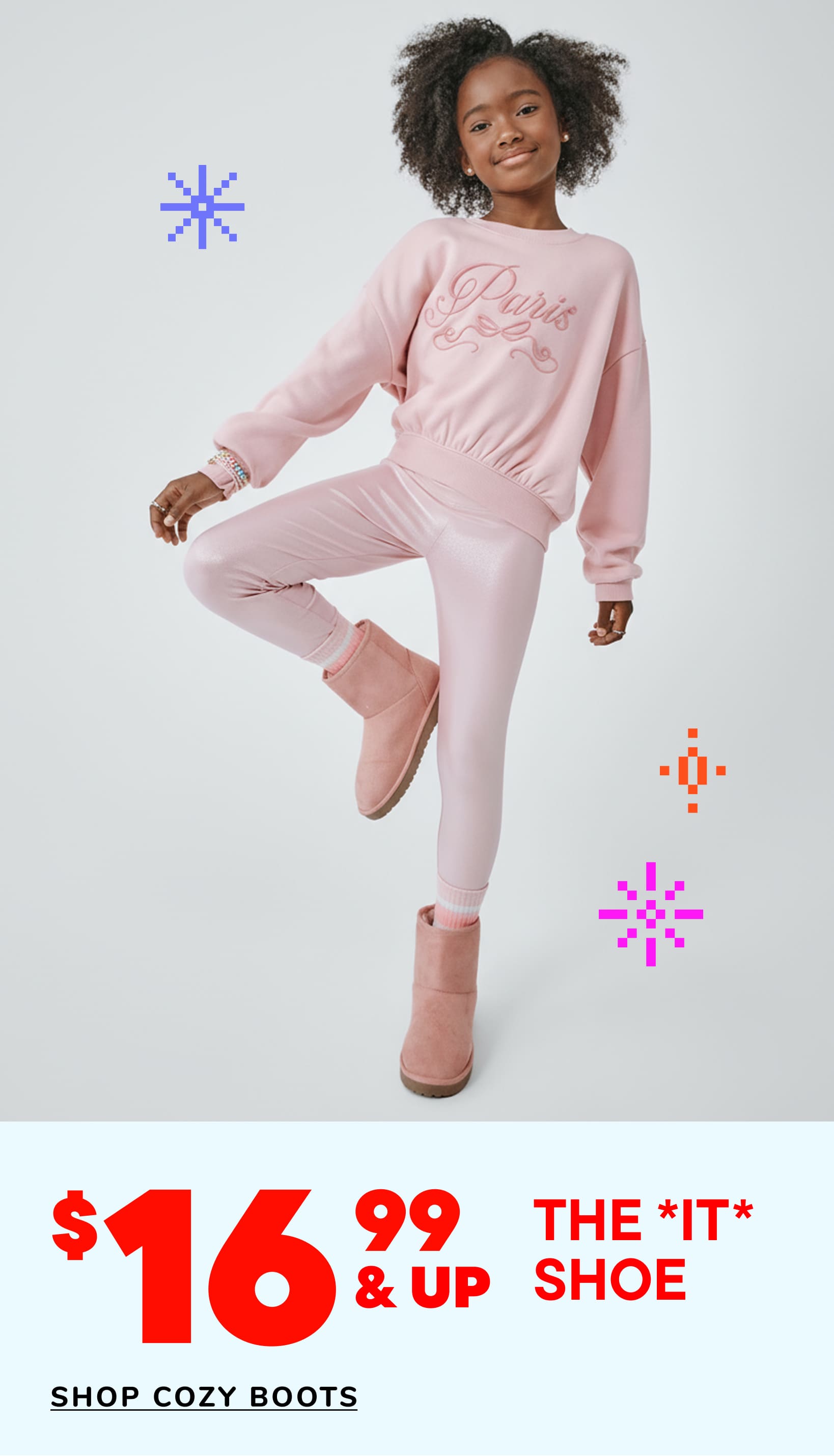 A young woman with curly hair wearing a pink outfit and boots stands in front of a plain white background, with various graphic elements and a price tag for "The *IT* Shoe" displayed.