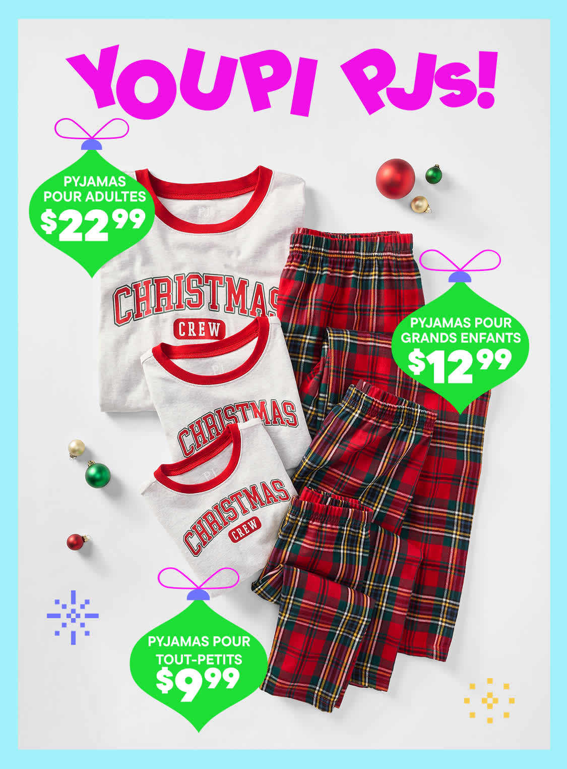 L'image présente une variété d'ensembles de pyjamas sur le thème de Noël, y compris des tailles pour adultes et enfants, avec le slogan « Vive les pyjamas ! » et les informations de prix.