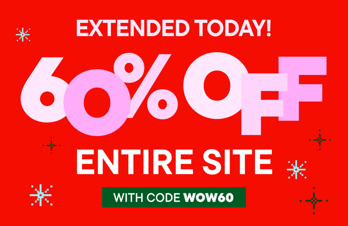 The image displays a large red background with the text "EXTENDED TODAY!" and "60% OFF ENTIRE SITE" prominently featured in white and pink lettering, along with a promotional code "WOW60" at the bottom.