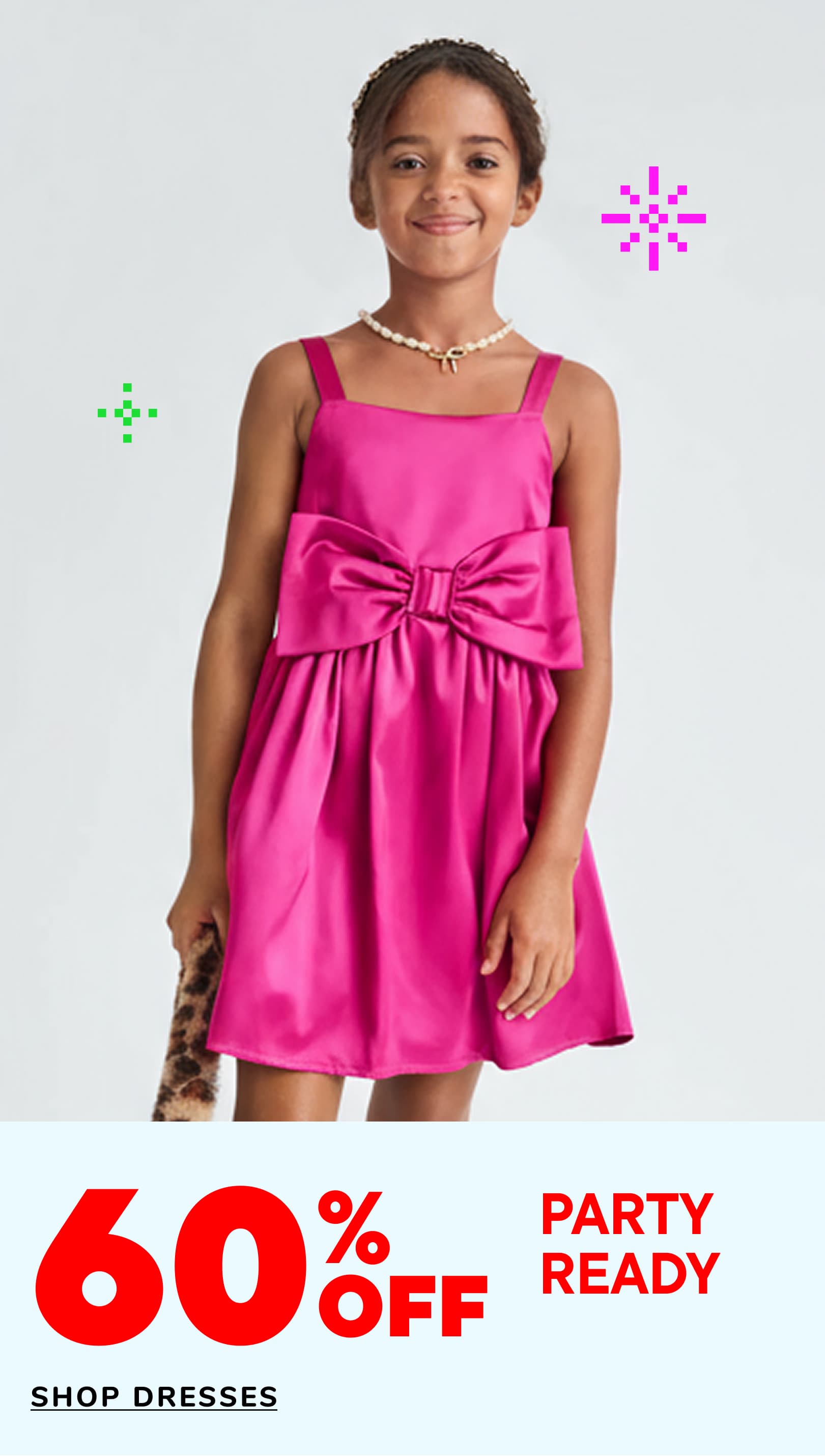 A young girl wearing a bright pink dress with a bow stands in front of a plain white background, with text overlaying the image promoting a 60% off sale on dresses and a "Party Ready" message.