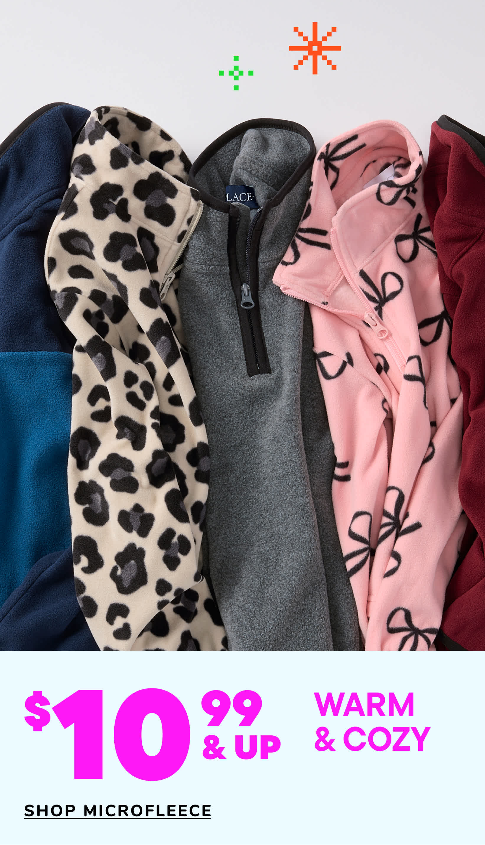 The image displays various microfleece garments, including a leopard-print scarf, a gray jacket, and two patterned scarves in pink and red hues. The background features a simple white backdrop with colorful star-shaped graphics.
