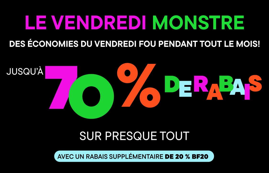 L'image présente une annonce textuelle audacieuse et colorée pour le « Monster Friday » avec un grand graphique « 0 % de réduction » et un code promotionnel « BF20 » pour une réduction supplémentaire de 20 %.