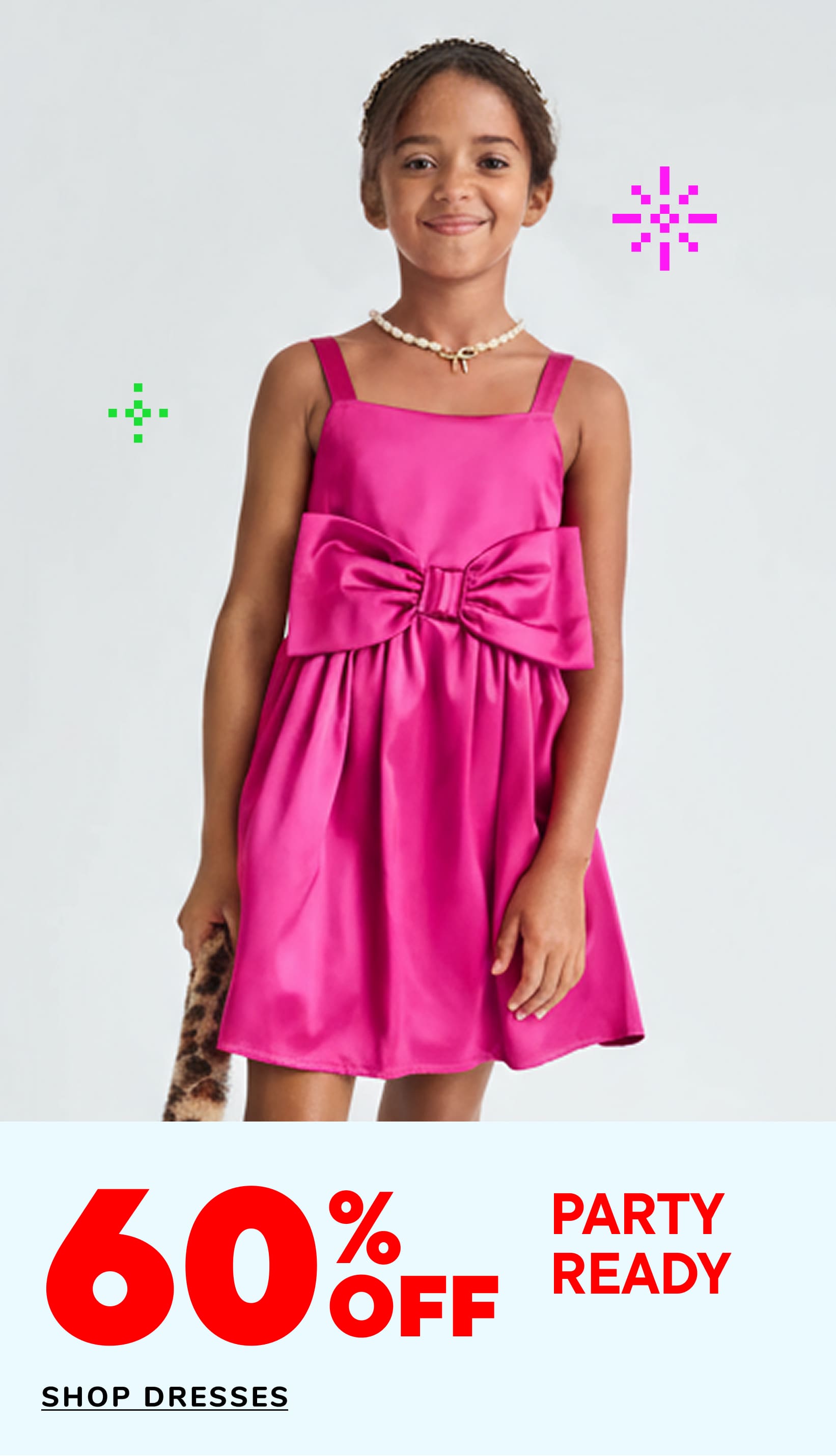 A young girl wearing a bright pink dress with a large bow stands in front of a plain white background, with colorful star-shaped graphics surrounding her.