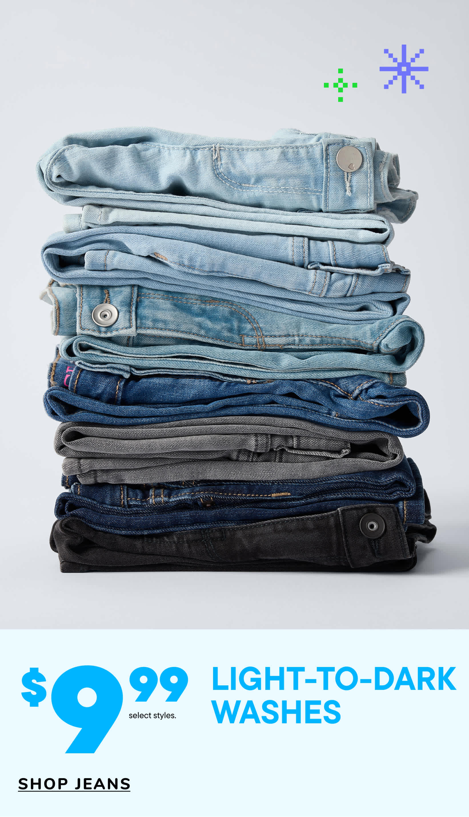 A stack of various denim jeans in different shades of blue, with a price tag indicating "Light-to-Dark Washes" and the text "Shop Jeans" in the background.