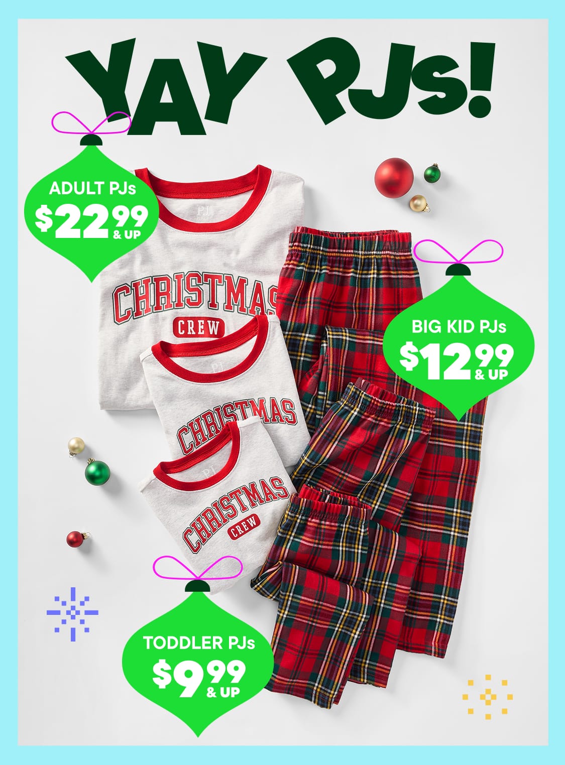 The image displays a variety of Christmas-themed pajama sets, including adult and big kid sizes, along with a "Yay PJs!" title and pricing information.