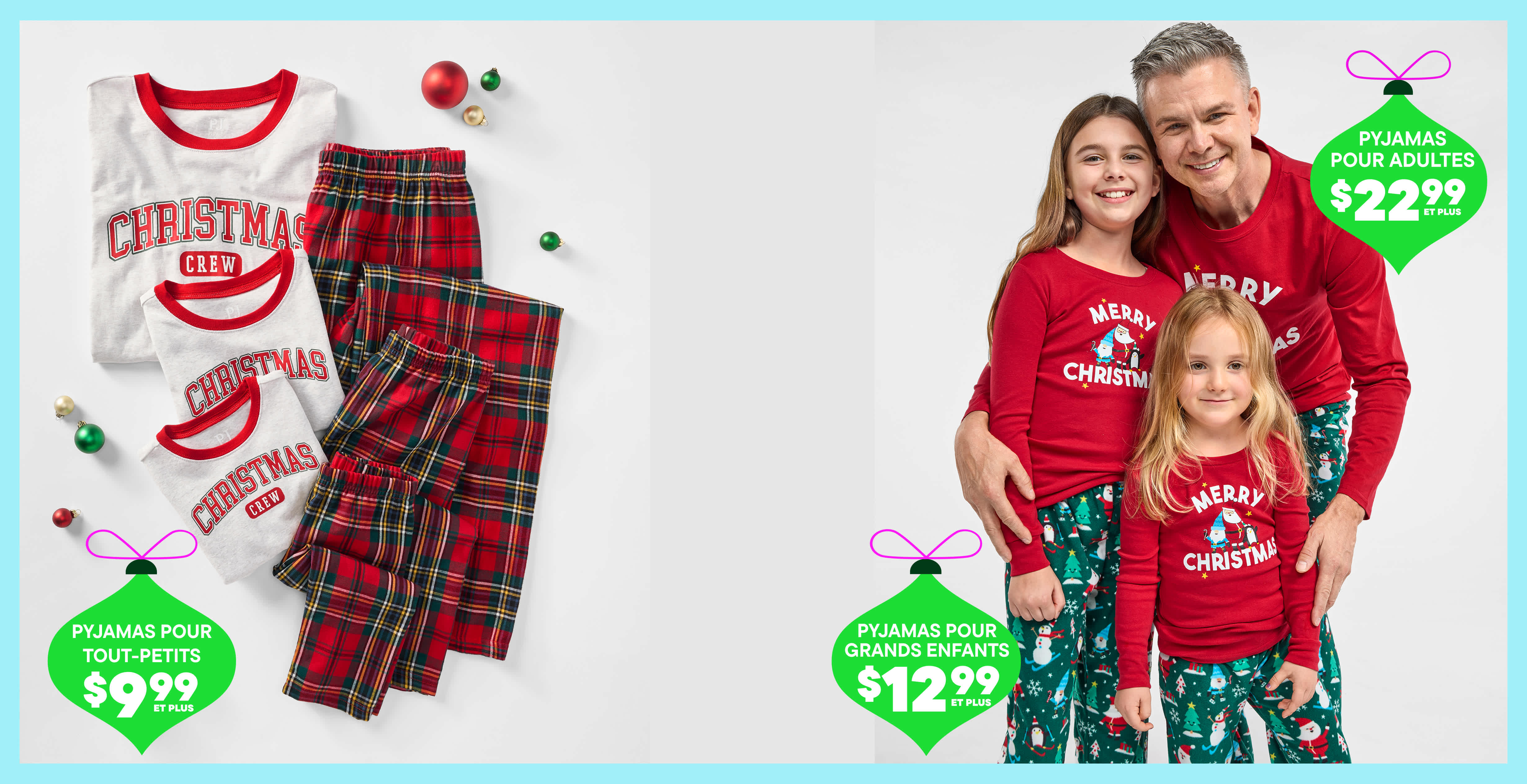 L'image montre une famille portant des pyjamas assortis rouges et blancs sur le thème de Noël, avec divers articles et étiquettes de prix liés aux fêtes affichés en arrière-plan.
