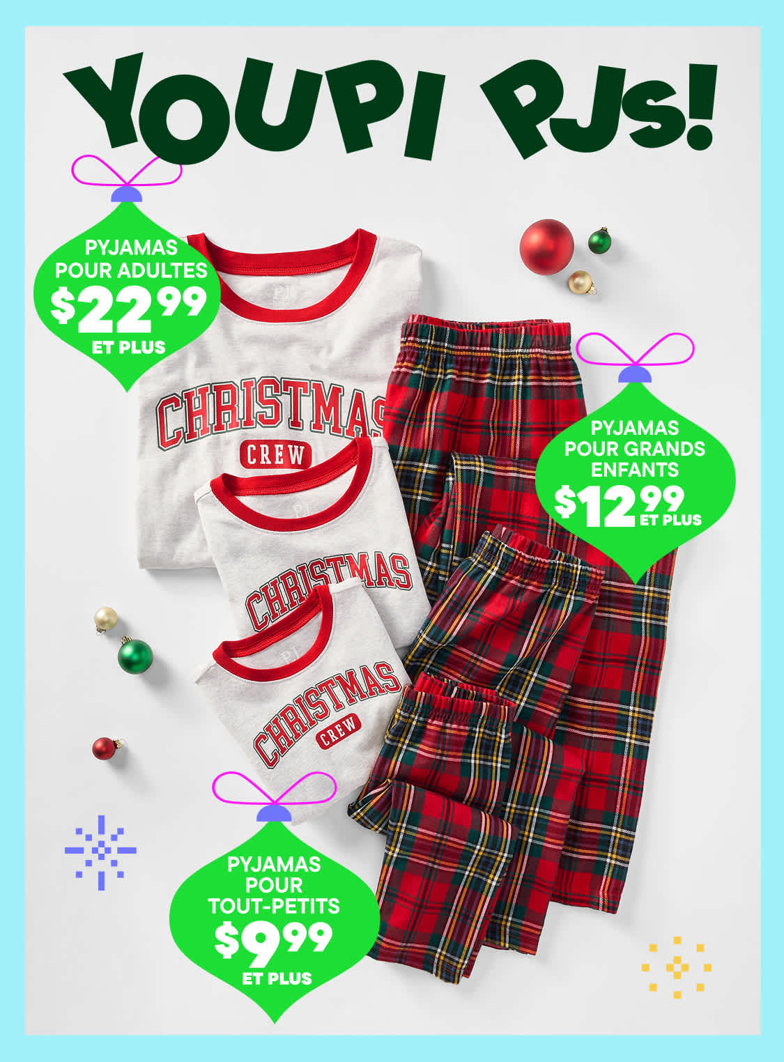 L'image présente une variété d'ensembles de pyjamas sur le thème de Noël, y compris des tailles pour adultes et enfants, avec le slogan « Vive les pyjamas ! » et les informations de prix.