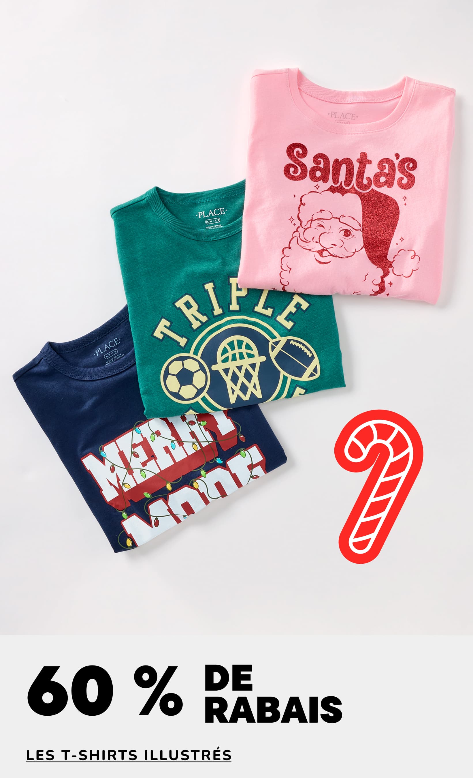 L'image présente une collection de t-shirts à motifs, dont un t-shirt rose orné d'un Père Noël, un t-shirt vert avec le logo « Trifle » et un t-shirt bleu marine avec l'inscription « Joyeux Noël ». Les t-shirts sont agrémentés d'une décoration rouge en forme de canne de Noël, et le fond affiche une promotion de 60 à 70 % de réduction sur les t-shirts à motifs.