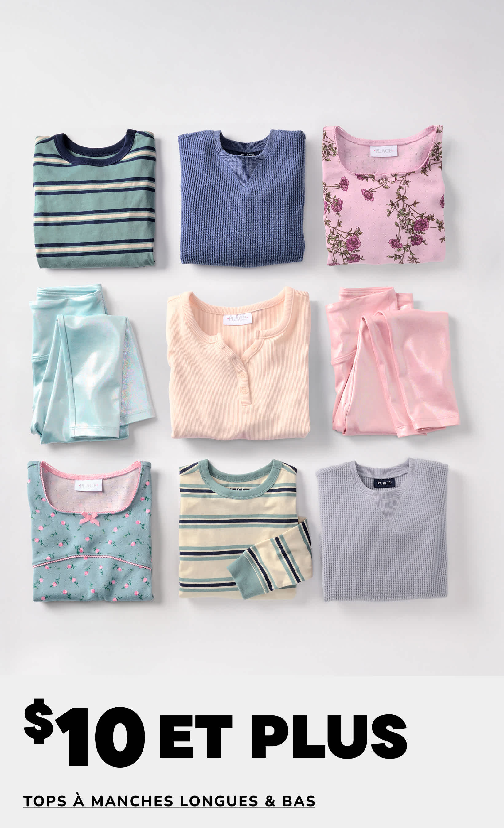 Une collection de hauts et de bas à manches longues variés dans des tons pastel, comprenant des rayures, des motifs floraux et des teintes unies, disposée sur un fond uni avec une promotion de réduction de 60 à 70 % affichée.