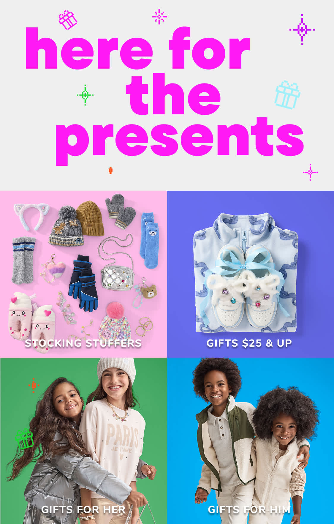 The image features a collage of various gift items, including stockings, clothing, and other accessories, along with a prominent text overlay that reads "here for the presents".