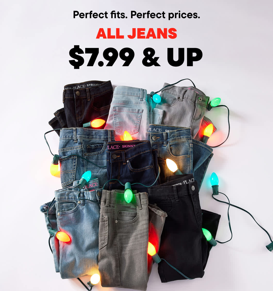 The image displays a collection of various denim jeans in different shades, accompanied by colorful string lights, against a plain white background. The jeans are advertised as being available for $7.99 and up.