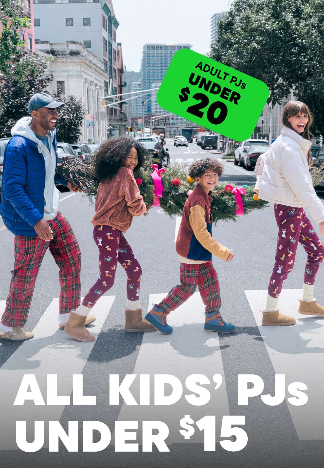 The image shows a group of people, including adults and children, walking across a crosswalk in front of a storefront advertising "PJS FOR THE FAM!" with pricing information for different sizes of pajamas.