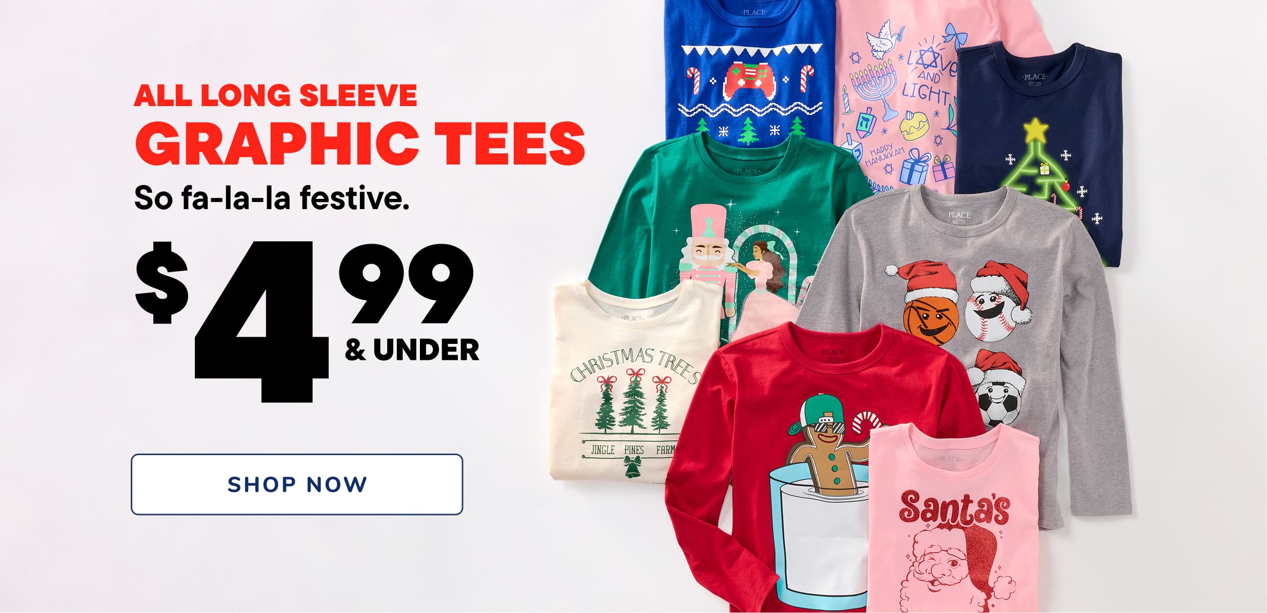 The image displays a variety of colorful graphic t-shirts featuring holiday-themed designs, including Santa Claus, Christmas trees, and other festive motifs. The t-shirts are arranged on a display rack, with a promotional banner advertising the sale price of $4.99 or less for all long sleeve graphic tees.