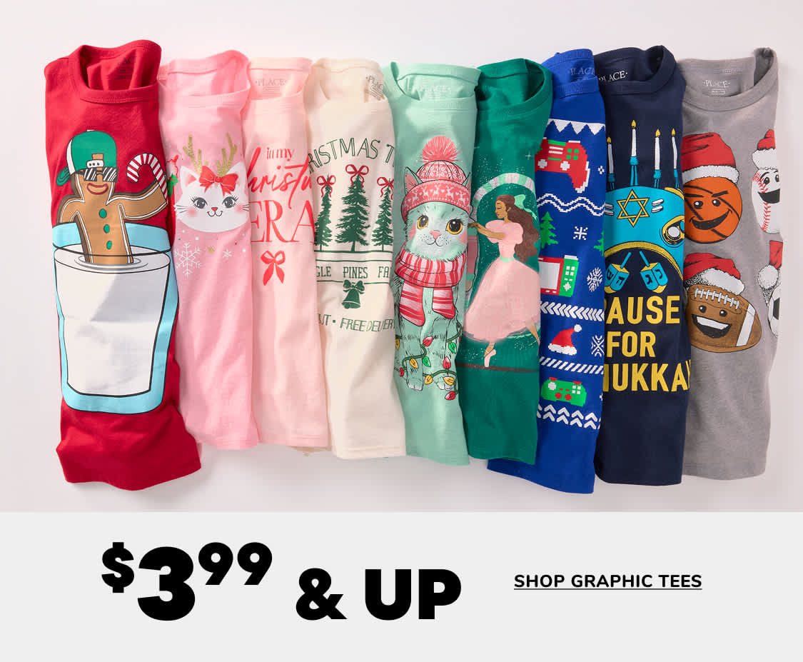 A collection of colorful graphic t-shirts featuring various holiday and cultural designs, displayed on a white background with a price tag of $3.99 and up.