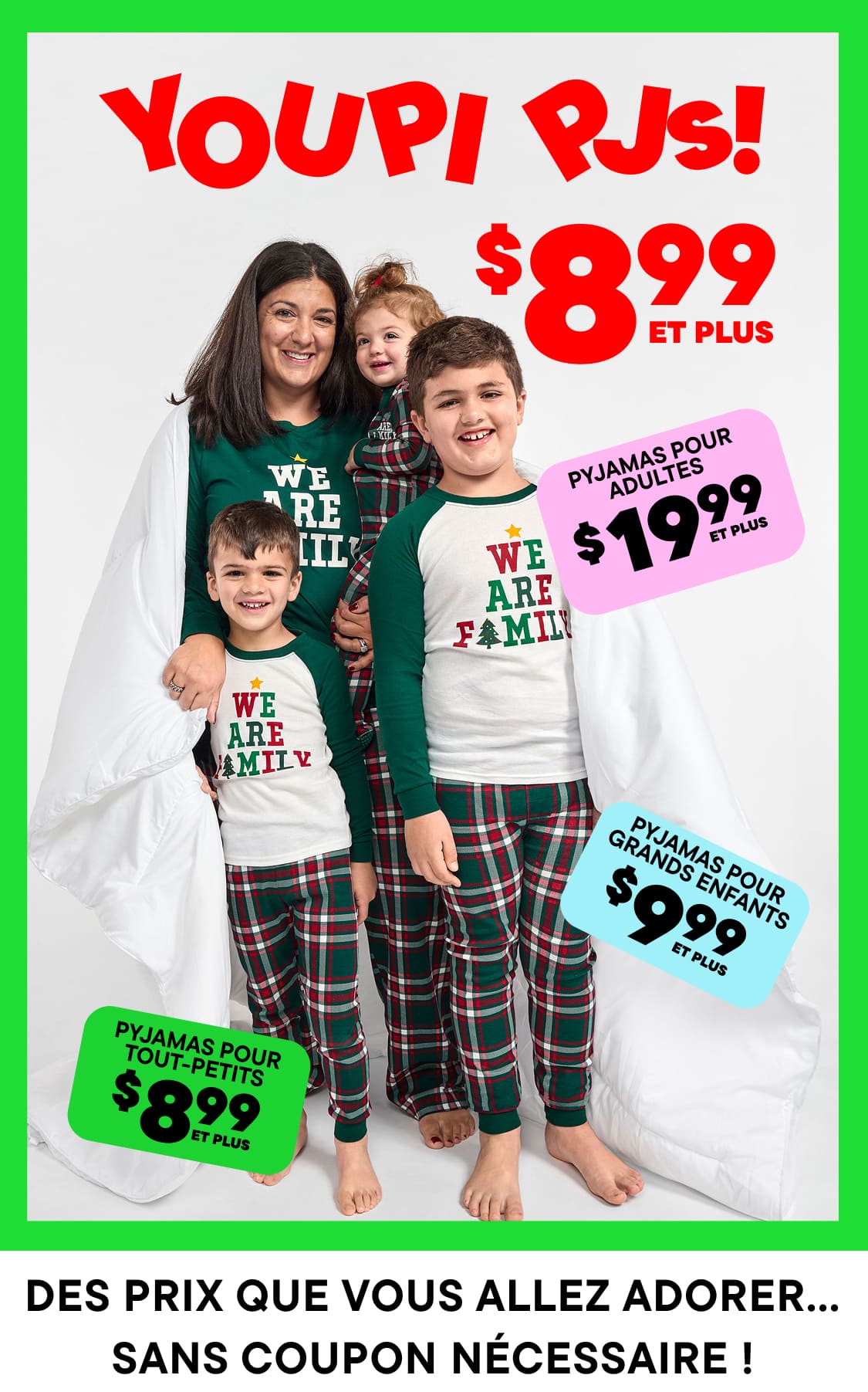 L'image montre un groupe de personnes, adultes et enfants compris, traversant un passage piéton devant une vitrine annonçant « PYJAMAS POUR LA FAMILLE ! » avec des informations sur les prix des différentes tailles de pyjamas.