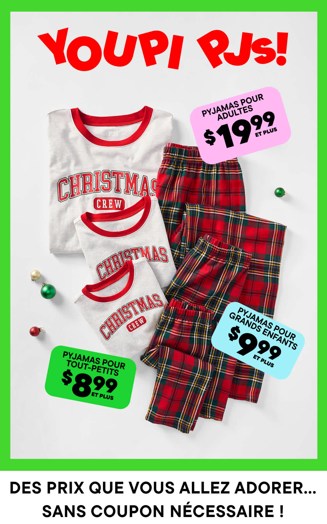 L'image présente divers vêtements sur le thème de Noël, notamment un t-shirt et un pantalon de pyjama à carreaux, ainsi que des étiquettes de prix indiquant le coût des articles.