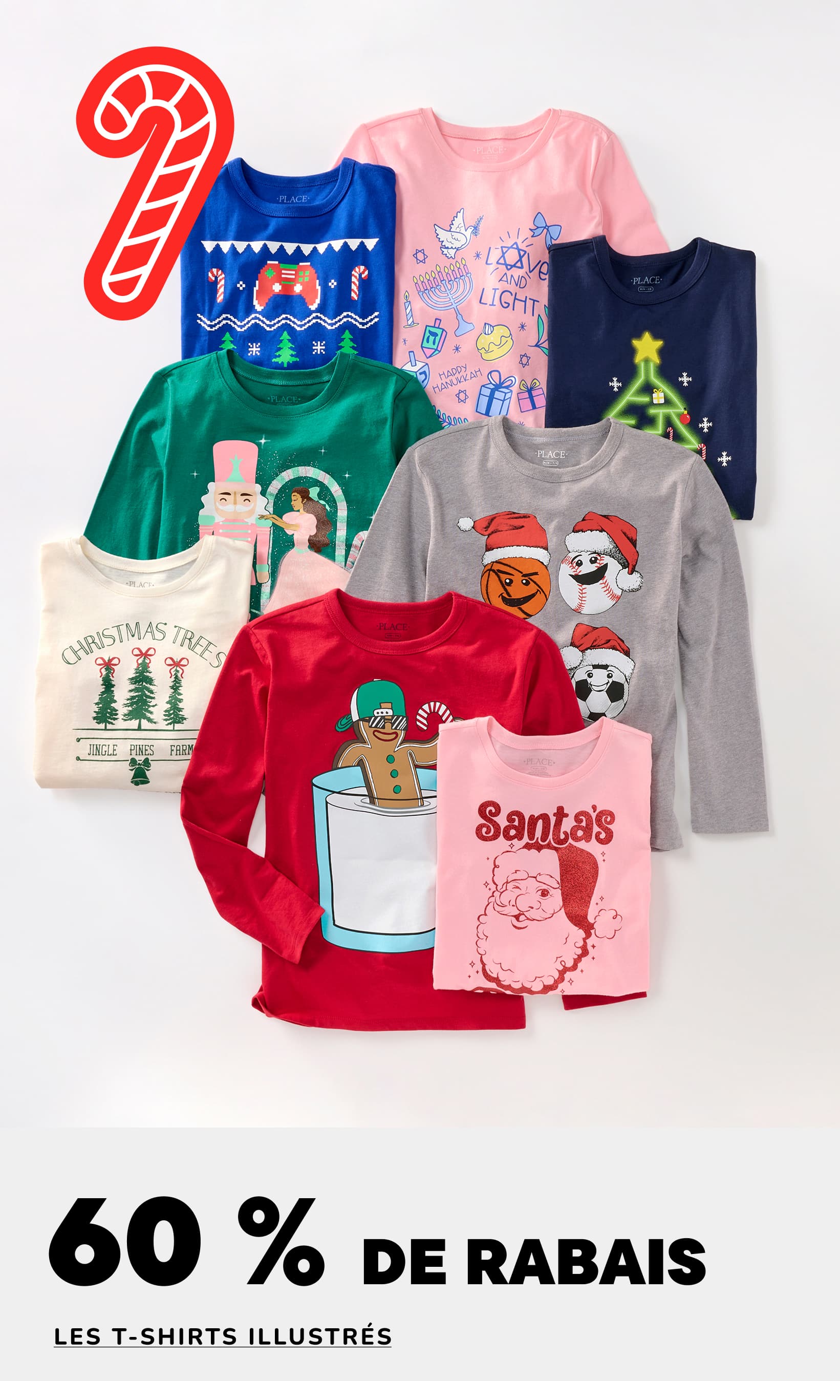 L'image présente une collection de t-shirts à motifs, dont un t-shirt rose orné d'un Père Noël, un t-shirt vert avec le logo « Trifle » et un t-shirt bleu marine avec l'inscription « Joyeux Noël ». Les t-shirts sont agrémentés d'une décoration rouge en forme de canne de Noël, et le fond affiche une promotion de 60 à 70 % de réduction sur les t-shirts à motifs.