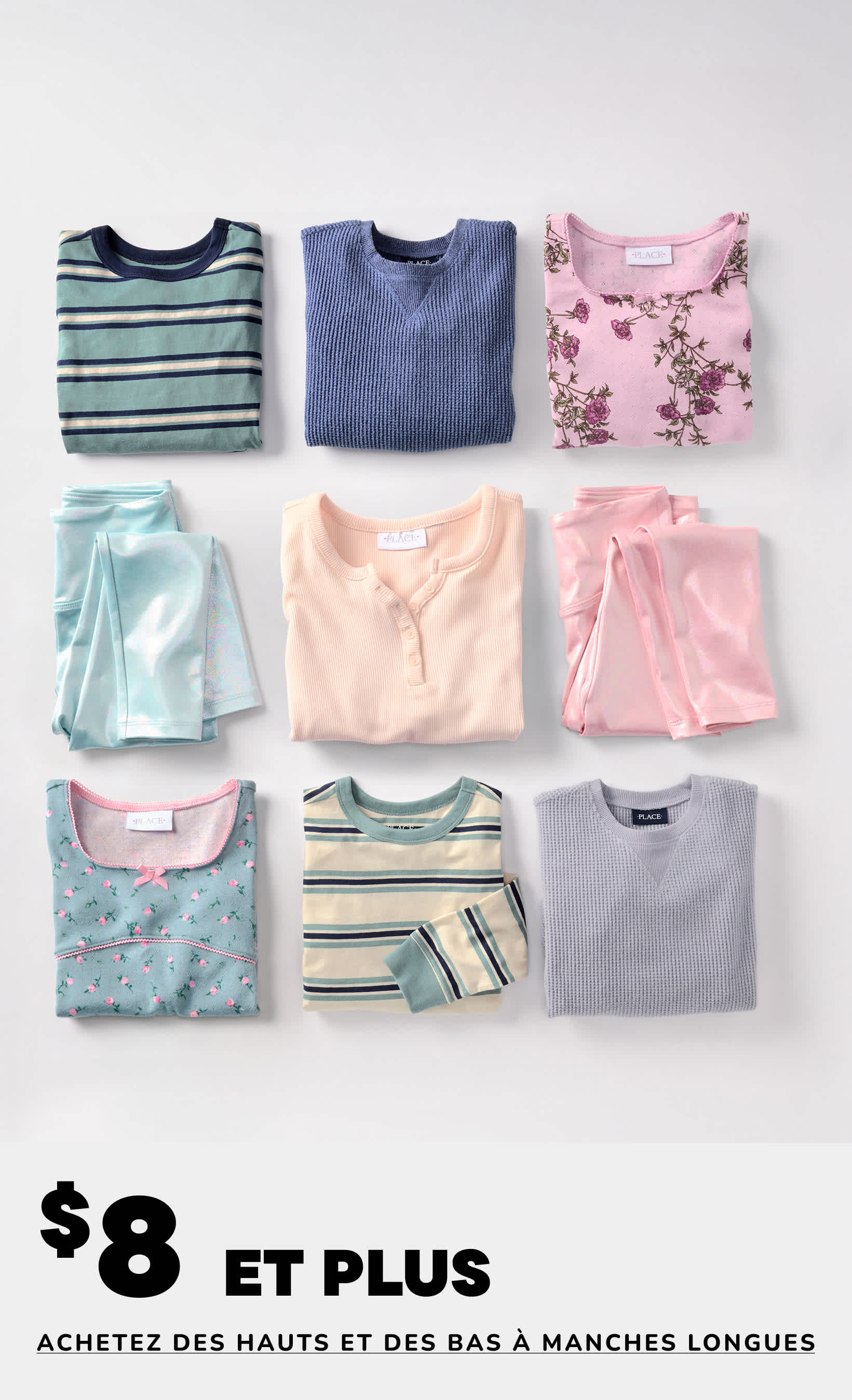 Une collection de hauts et de bas à manches longues variés dans des tons pastel, comprenant des rayures, des motifs floraux et des teintes unies, disposée sur un fond uni avec une promotion de réduction de 60 à 70 % affichée.