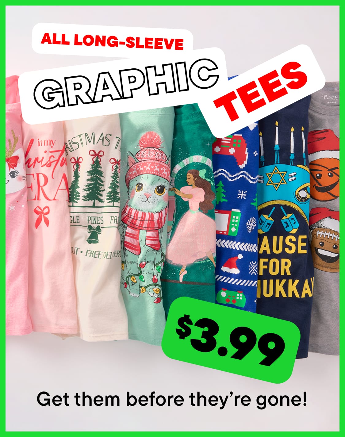 The image shows a display of various colorful graphic t-shirts with different designs and patterns, including holiday-themed and character-inspired prints, along with a price tag indicating a sale price of $3.99 for the long-sleeve t-shirts.