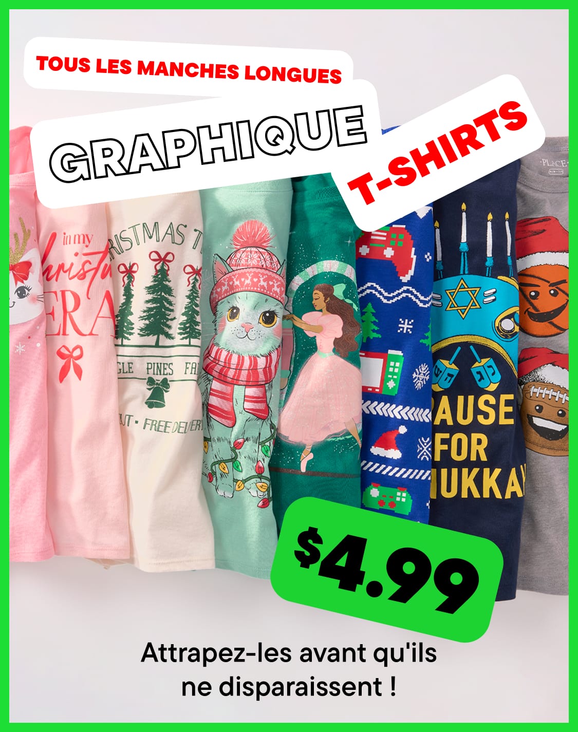 L'image montre un étalage de t-shirts graphiques colorés aux motifs et designs variés, notamment des imprimés sur le thème des fêtes et inspirés de personnages, ainsi qu'une étiquette de prix indiquant un prix de vente de 3,99 $.