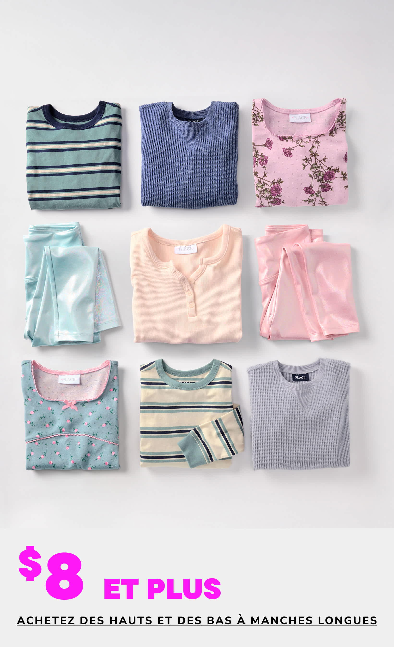 L'image présente une collection de hauts et de bas à manches longues variés, comprenant des vêtements à rayures, à fleurs et unis, disposés sur un fond uni avec une étiquette de prix « 8 $ et plus ».