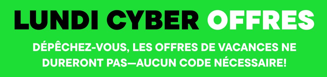 L'image affiche le texte « CYBER MONDAY DEALS » en grandes lettres noires sur un fond vert vif, avec le texte « DEALS WON'T LAST » écrit en dessous en plus petits caractères blancs.