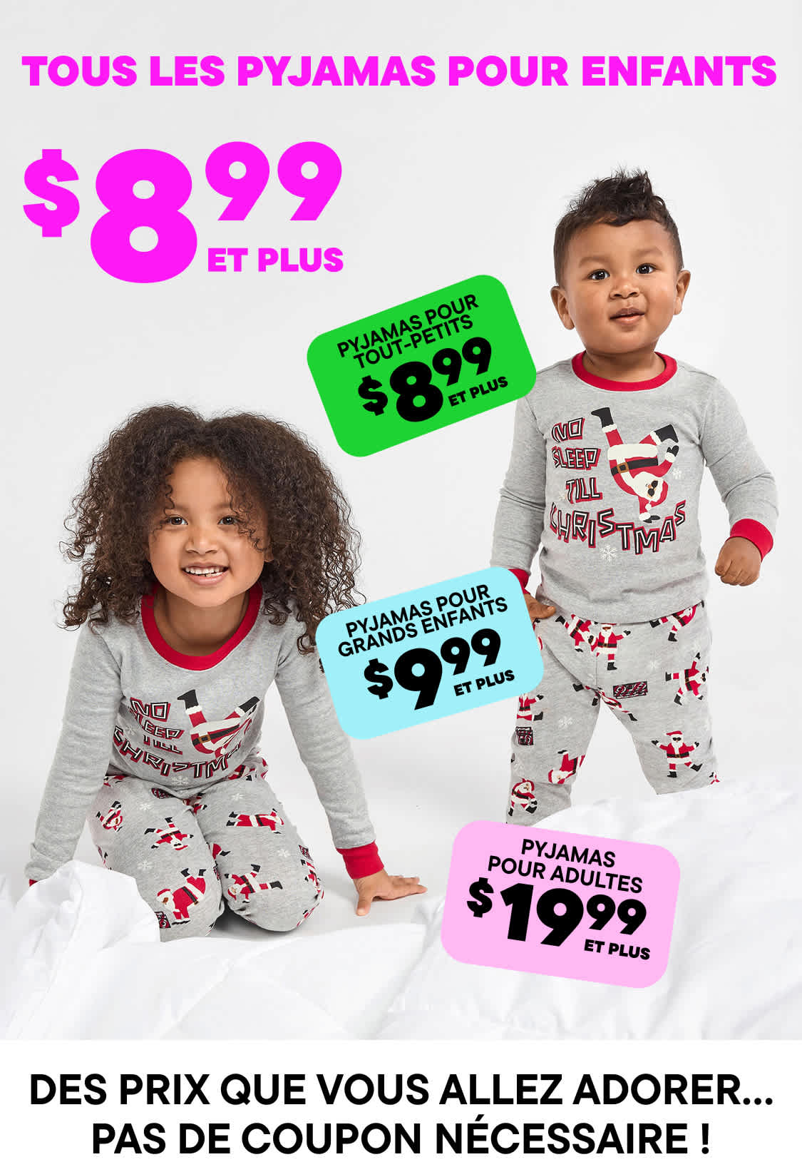 L'image présente divers vêtements sur le thème de Noël, notamment un t-shirt et un pantalon de pyjama à carreaux, ainsi que des étiquettes de prix indiquant le coût des articles.