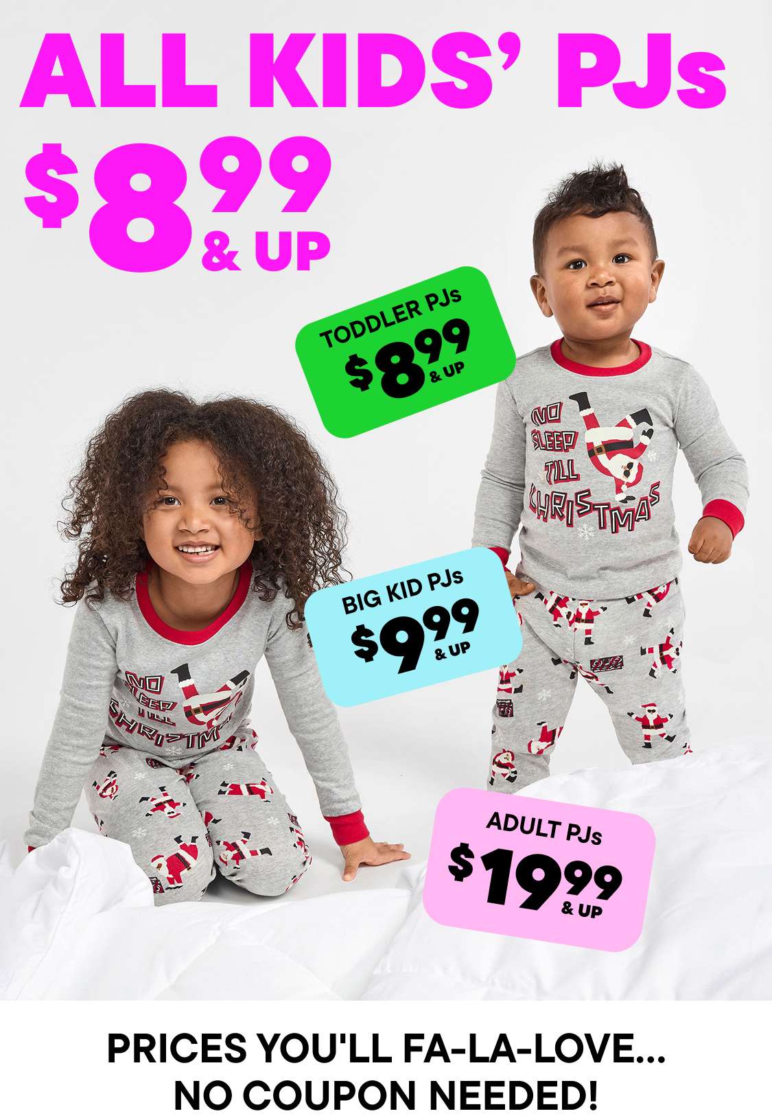 The image displays various Christmas-themed clothing items, including a t-shirt and plaid pajama pants, along with price tags indicating the cost of the items.