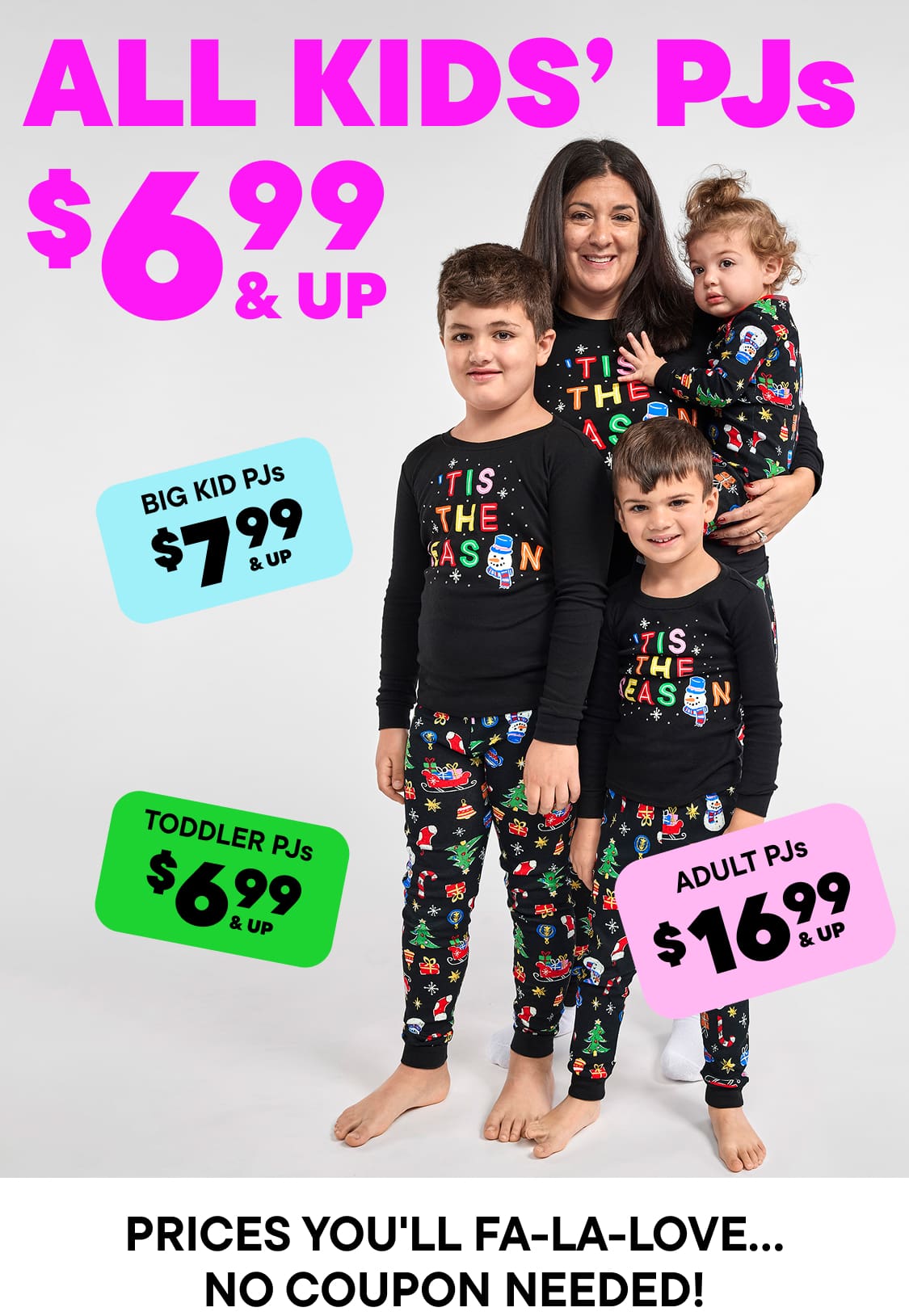 The image displays a promotional advertisement for children's and adult pajamas, showcasing various sizes and pricing options.