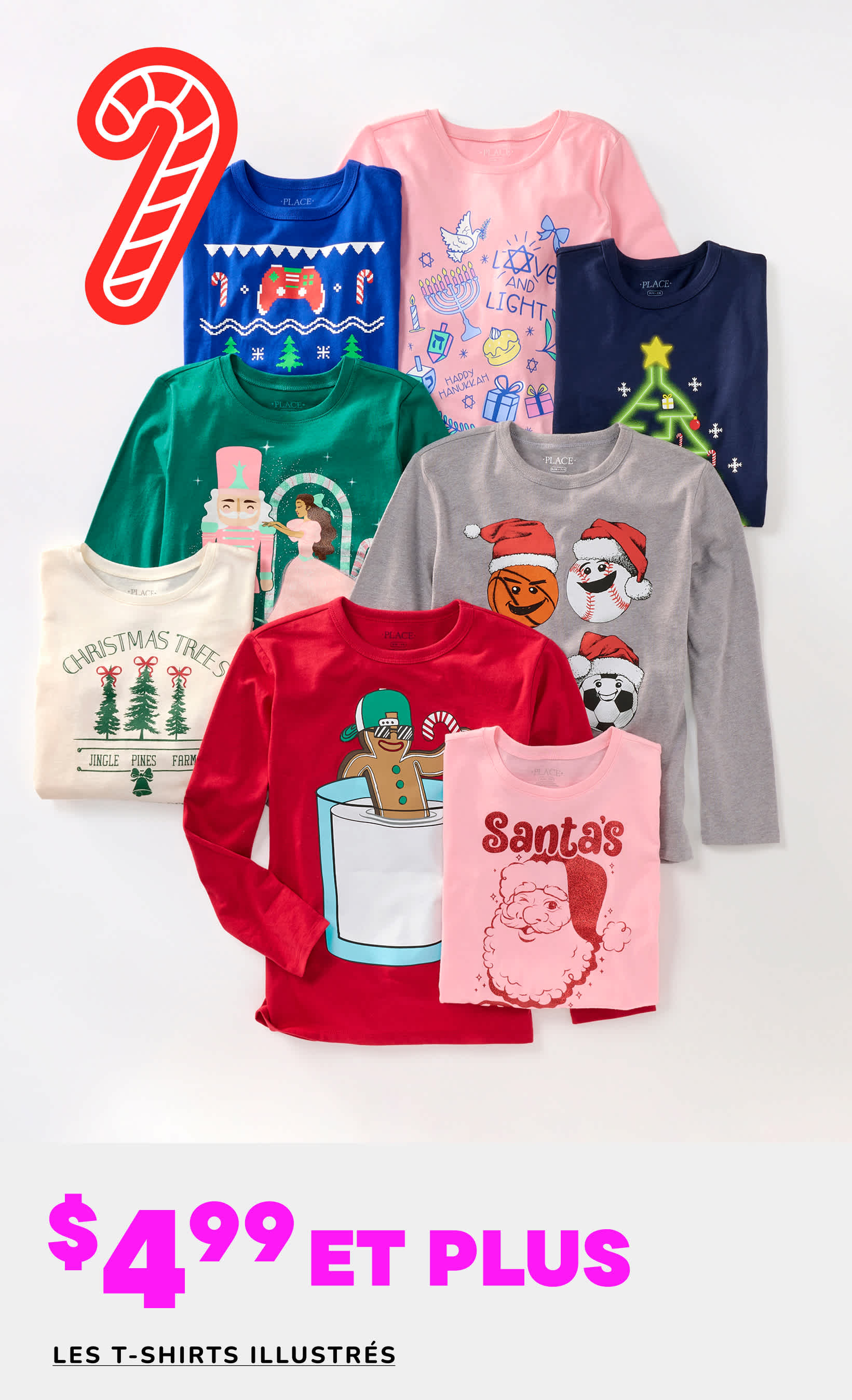 L'image présente une collection de t-shirts graphiques colorés et festifs ornés de divers motifs de Noël, tels que des cannes de Noël, des bonshommes de neige et le Père Noël. Les t-shirts sont disposés sur un fond uni, et une grande offre promotionnelle « 60 % de réduction » est affichée en évidence en bas de l'image.